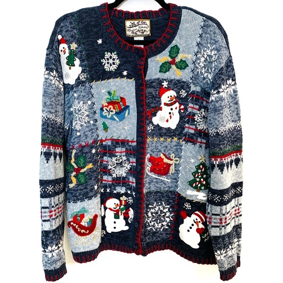 Vintage Heirloom Collectibles Christmas Cardigan Sweater Large Blue Snowmen - Picture 1 of 15